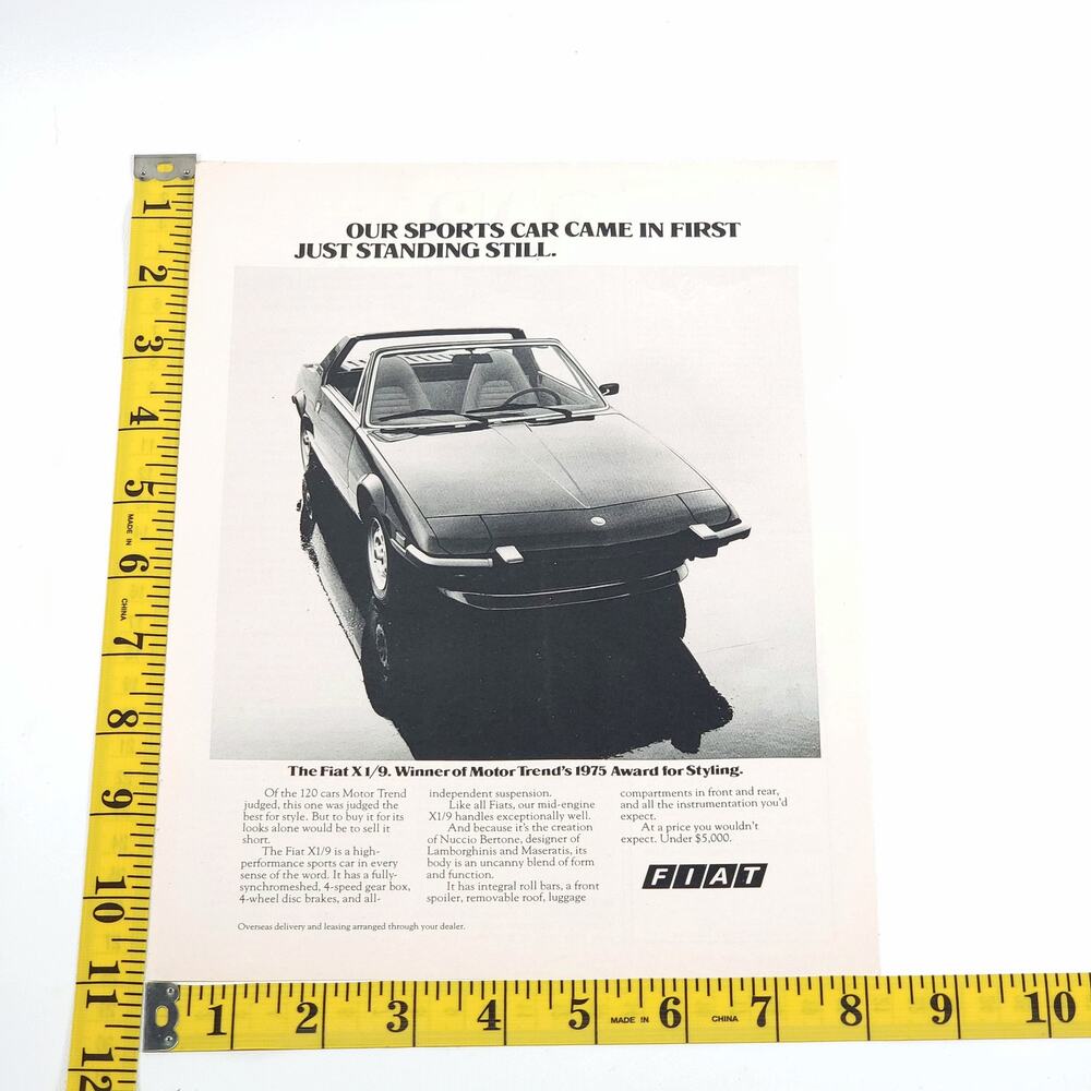 1975 FIAT X1/9 Targa Top Print Ad Road Test Magazine May 1975 Black & White